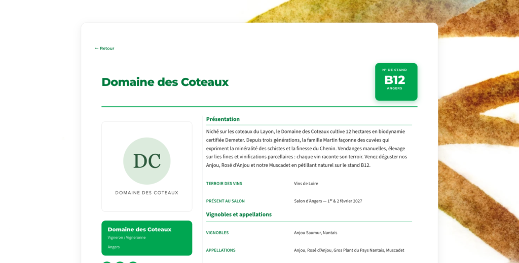 La fiche détaillée d'un exposant : présentation, appellations, contact